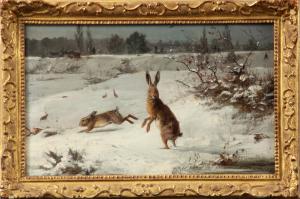 Carl Friedrich Deiker, Kaninchen im Schnee, 1872, Signiert und datiert